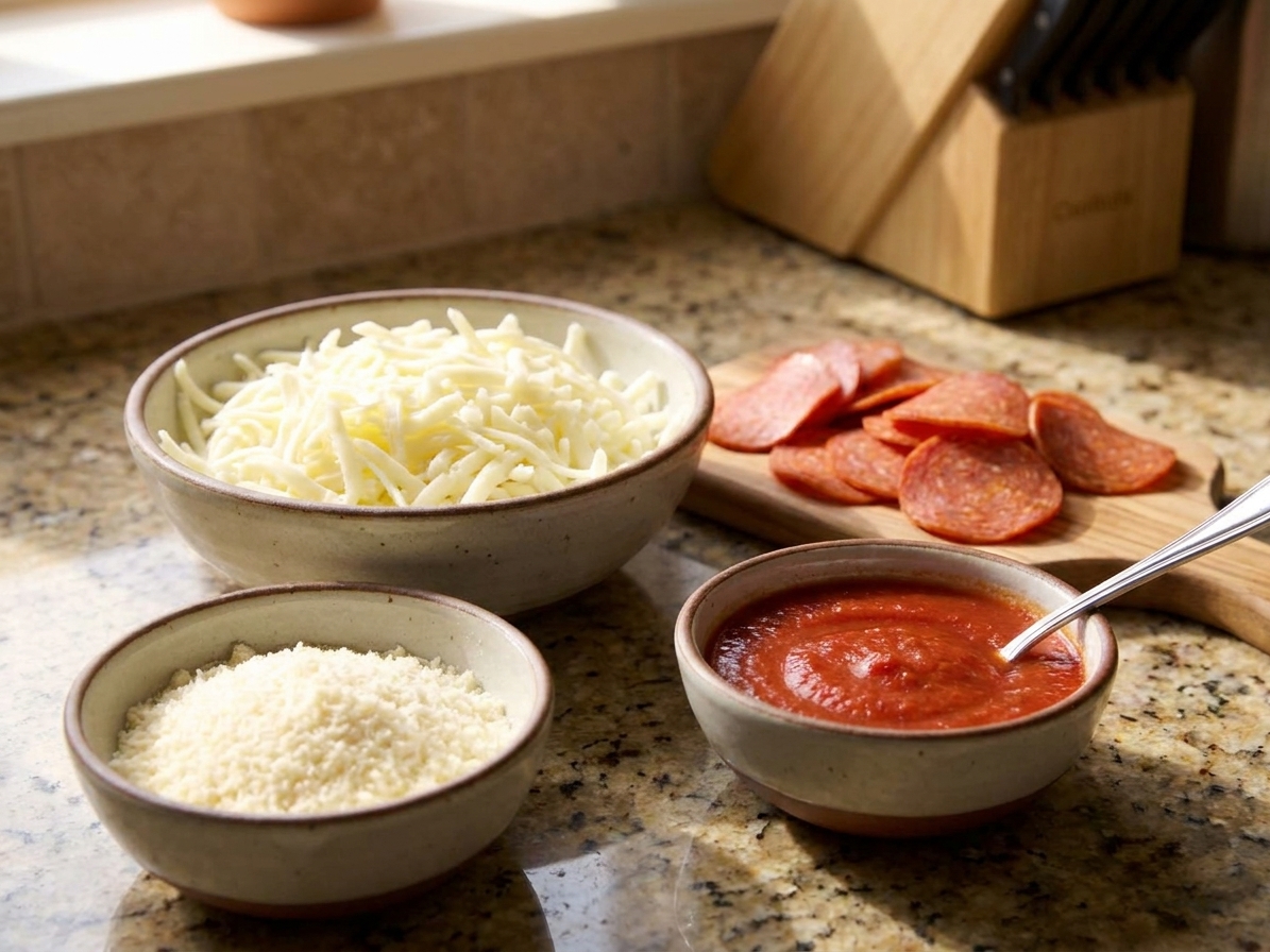 Bowls of shredded low-moisture mozzarella and grated Parmesan on a kitchen counter beside sliced pepperoni and a small bowl of tomato sauce