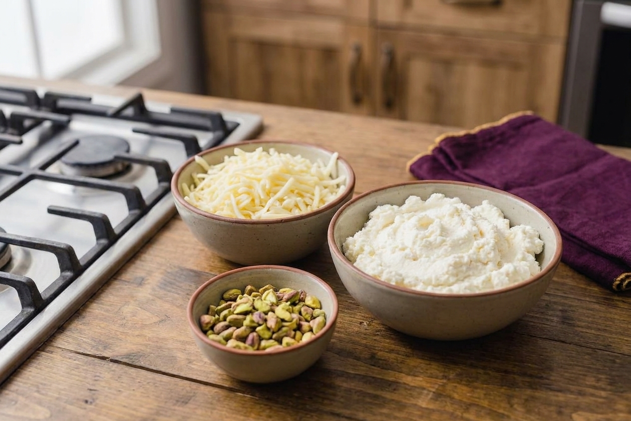 Bowls of shredded low-moisture mozzarella, ricotta, and chopped pistachios arranged on a bright kitchen counter