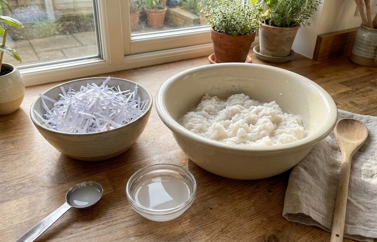 Bowls of shredded white office paper, soaked cotton linter pulp, and a measuring spoon of liquid starch on a kitchen counter