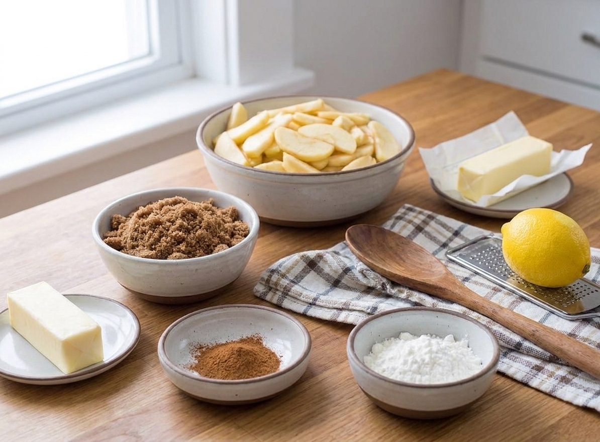 Bowls of sliced apples, brown sugar, cinnamon, cornstarch, butter, and a lemon arranged on a clean kitchen counter in soft daylight