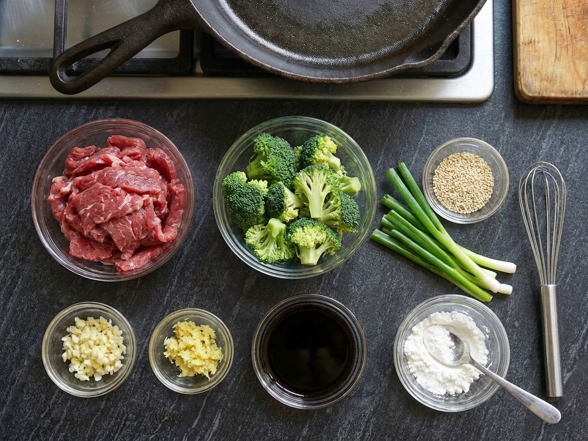 Bowls of sliced beef, broccoli florets, garlic, ginger, soy sauce, and cornstarch arranged on a clean kitchen counter