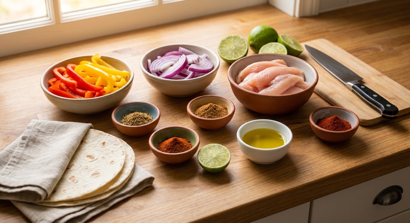 Bowls of sliced bell peppers, sliced onion, chicken strips, spices, limes, and tortillas arranged on a clean kitchen counter in warm natural light