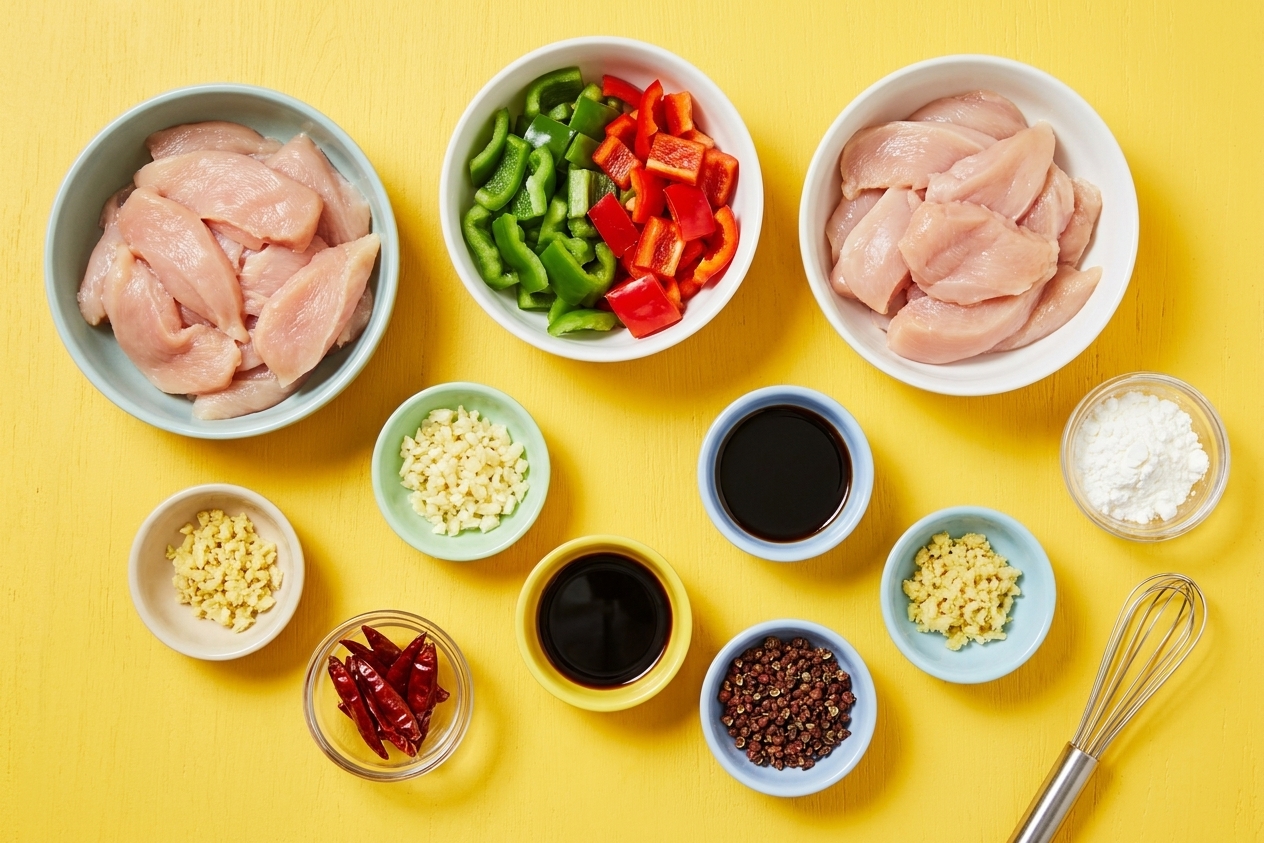 Bowls of sliced chicken, bell peppers, minced garlic and ginger, soy sauce, vinegar, dried chiles, and Szechuan peppercorns arranged on a home kitchen counter