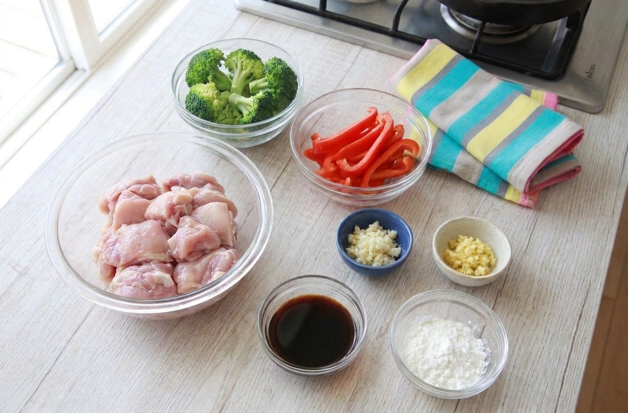 Bowls of sliced chicken, broccoli florets, bell pepper strips, minced garlic, grated ginger, soy sauce, and cornstarch arranged on a kitchen counter
