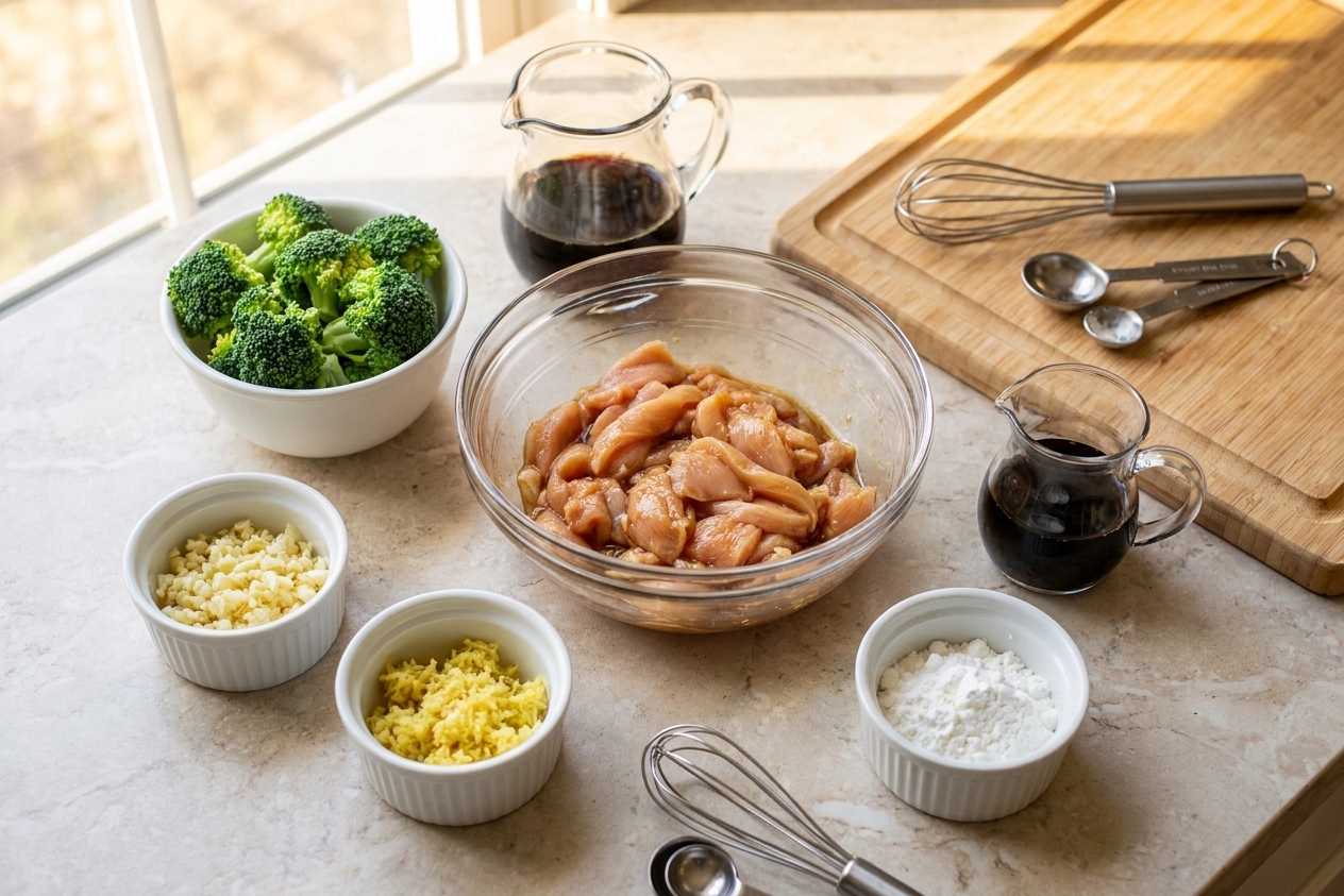 Bowls of sliced chicken, broccoli florets, minced garlic, grated ginger, soy sauce, and cornstarch arranged on a clean kitchen counter with warm natural light