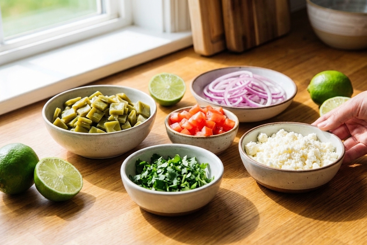 Bowls of sliced nopales, diced Roma tomatoes, sliced red onion, chopped cilantro, limes, and cotija cheese arranged on a clean kitchen counter