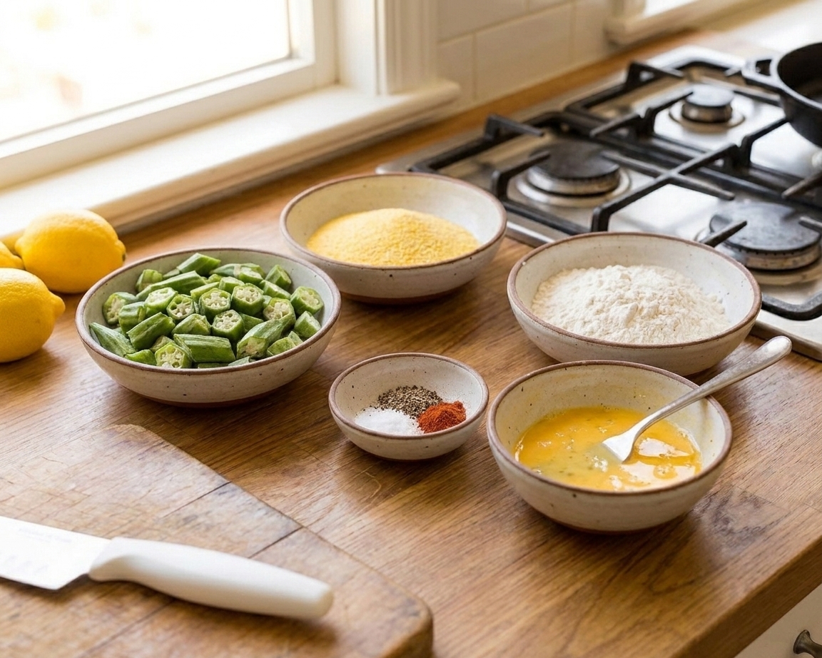 Bowls of sliced okra, cornmeal, flour, spices, and an egg mixture arranged on a bright kitchen counter ready for breading
