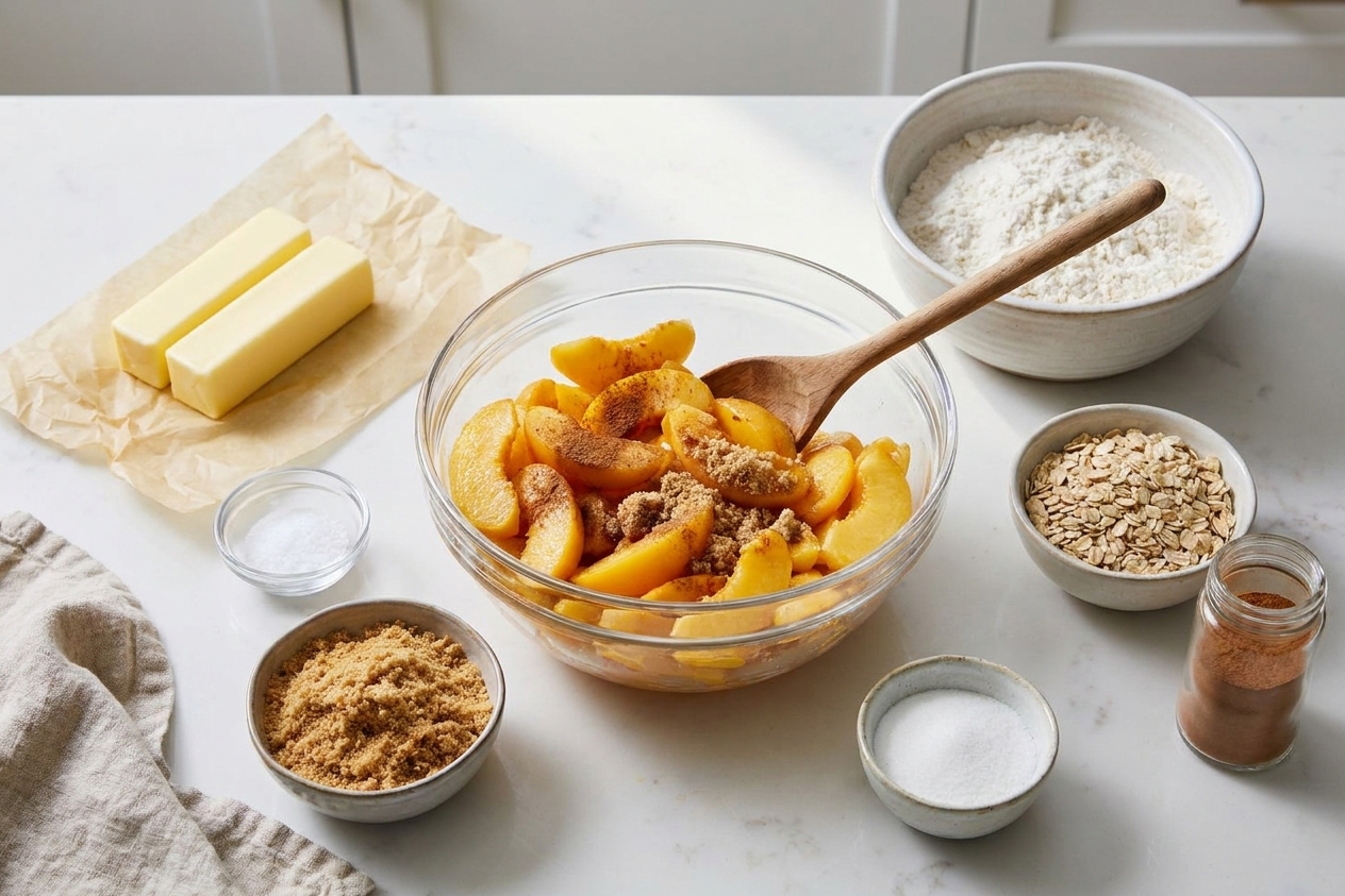 Bowls of sliced peaches, flour, sugar, brown sugar, butter, cinnamon, and oats arranged on a kitchen counter