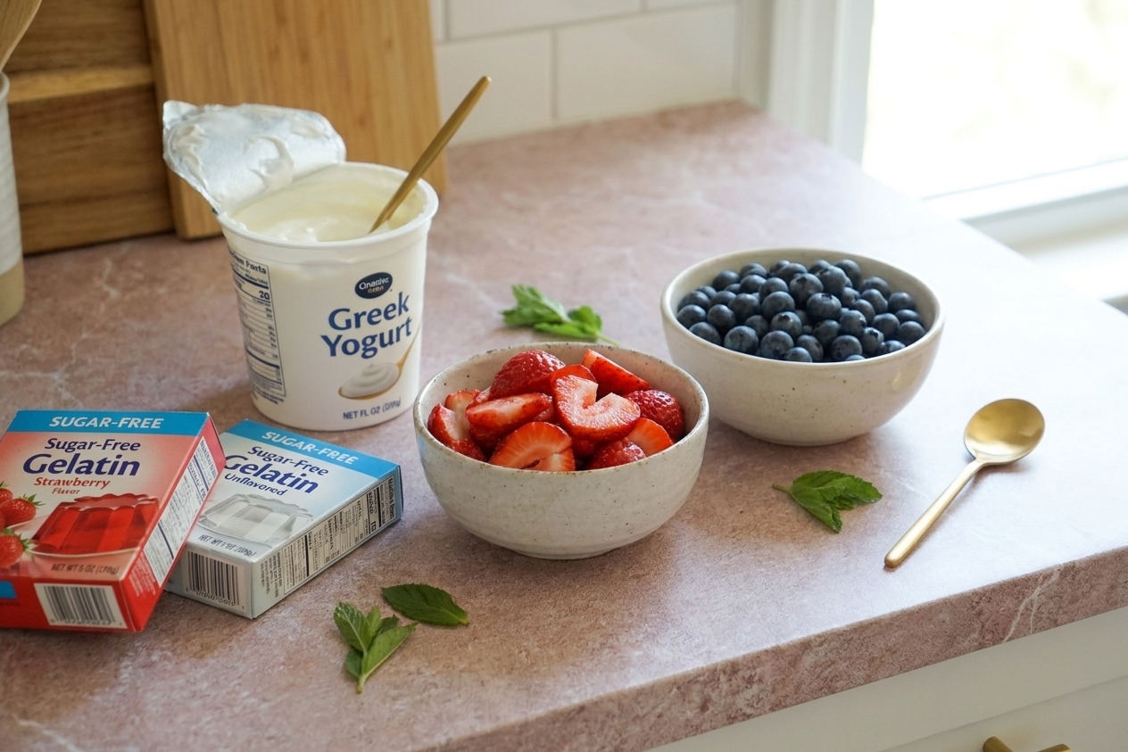 Bowls of sliced strawberries, blueberries, a carton of Greek yogurt, and boxes of sugar-free gelatin on a kitchen counter, ready for prep
