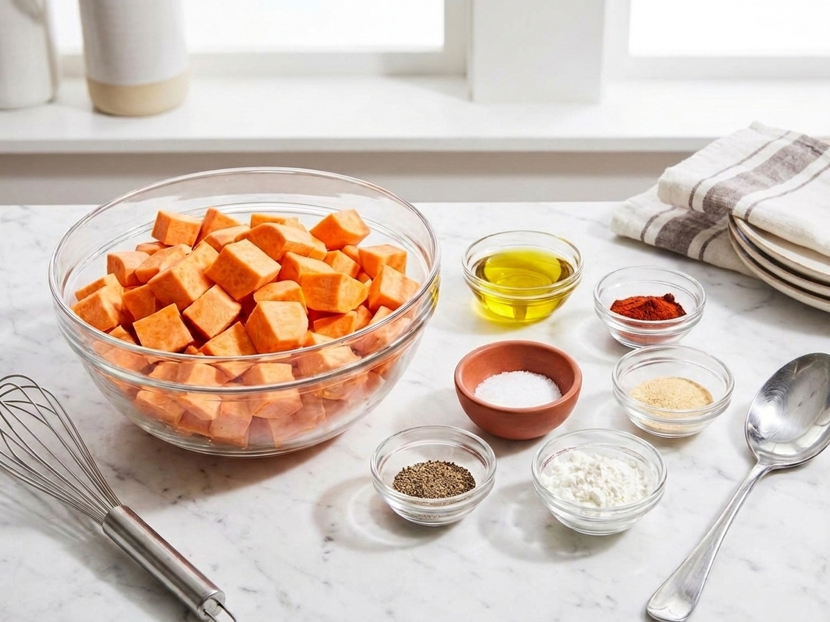 Bowls of smoked paprika, garlic powder, salt, pepper, and cornstarch arranged next to sweet potatoes and olive oil on a kitchen counter