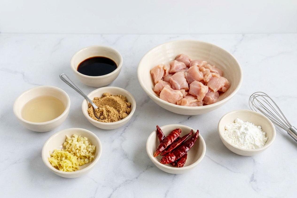 Bowls of soy sauce, rice vinegar, brown sugar, garlic, ginger, cornstarch, dried chiles, and chicken pieces arranged on a clean kitchen counter