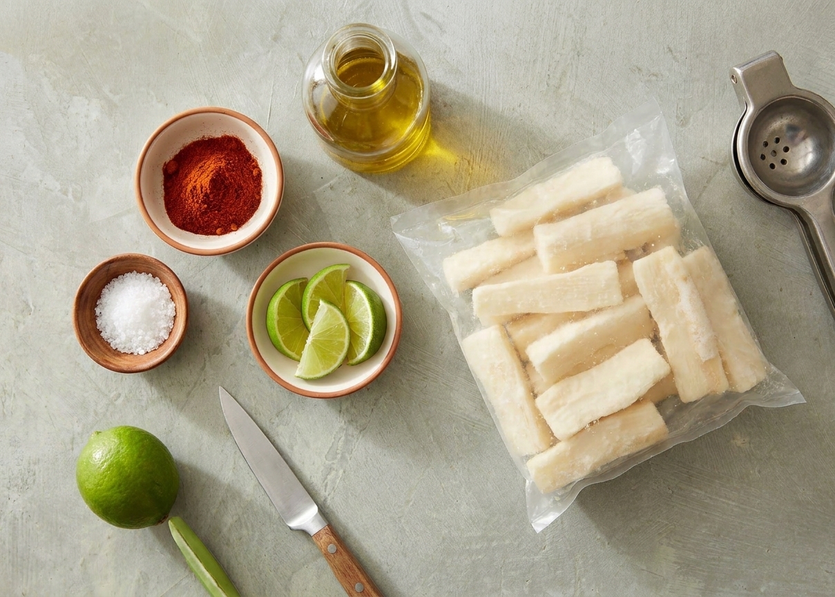Bowls of spices, lime, oil, and frozen yuca on a light kitchen counter ready for making cassava fries