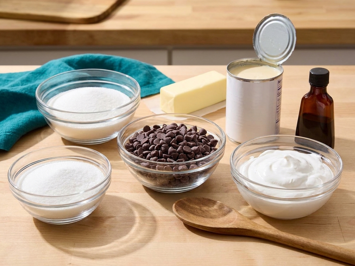 Bowls of sugar, chocolate chips, marshmallow fluff, butter, evaporated milk, and vanilla arranged on a tidy kitchen counter