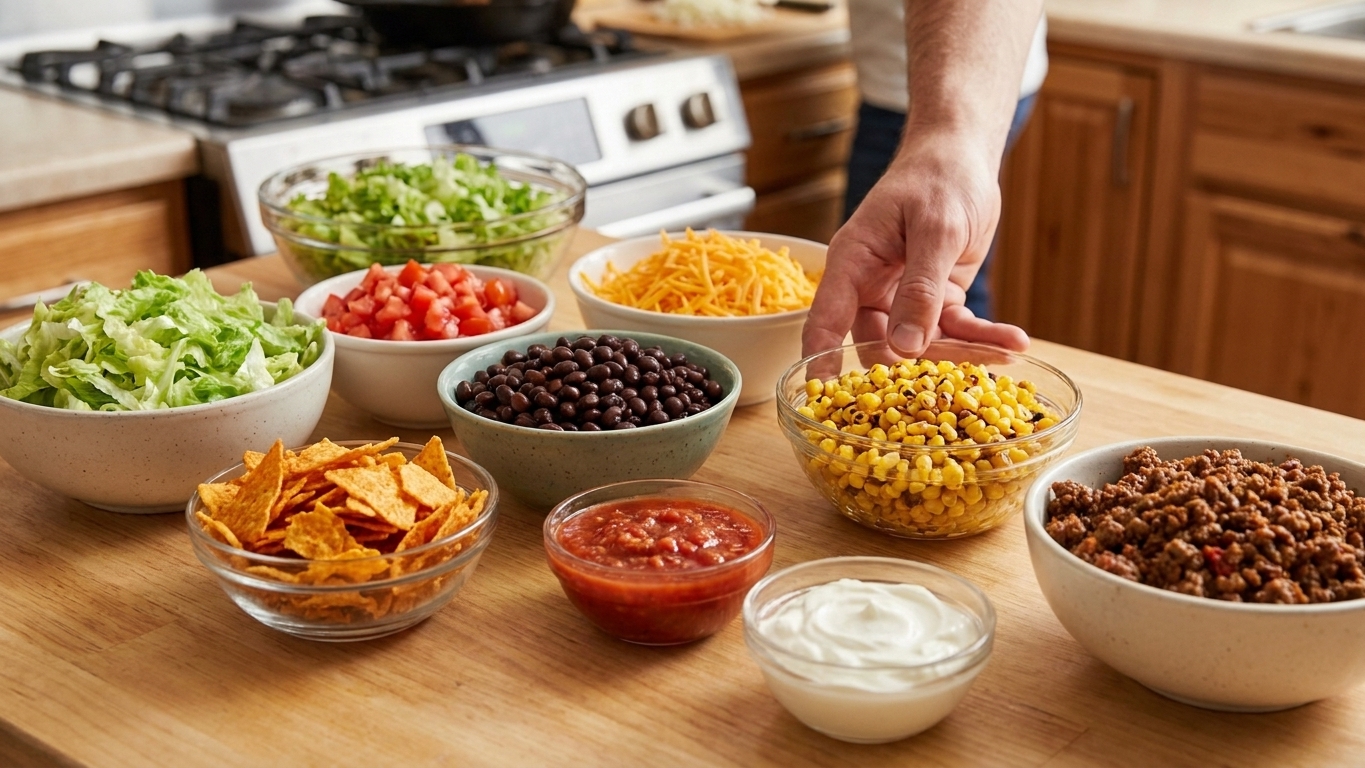 Bowls of taco salad ingredients on a kitchen counter including shredded lettuce, diced tomatoes, shredded cheese, black beans, corn, Doritos, salsa, sour cream, and ground beef