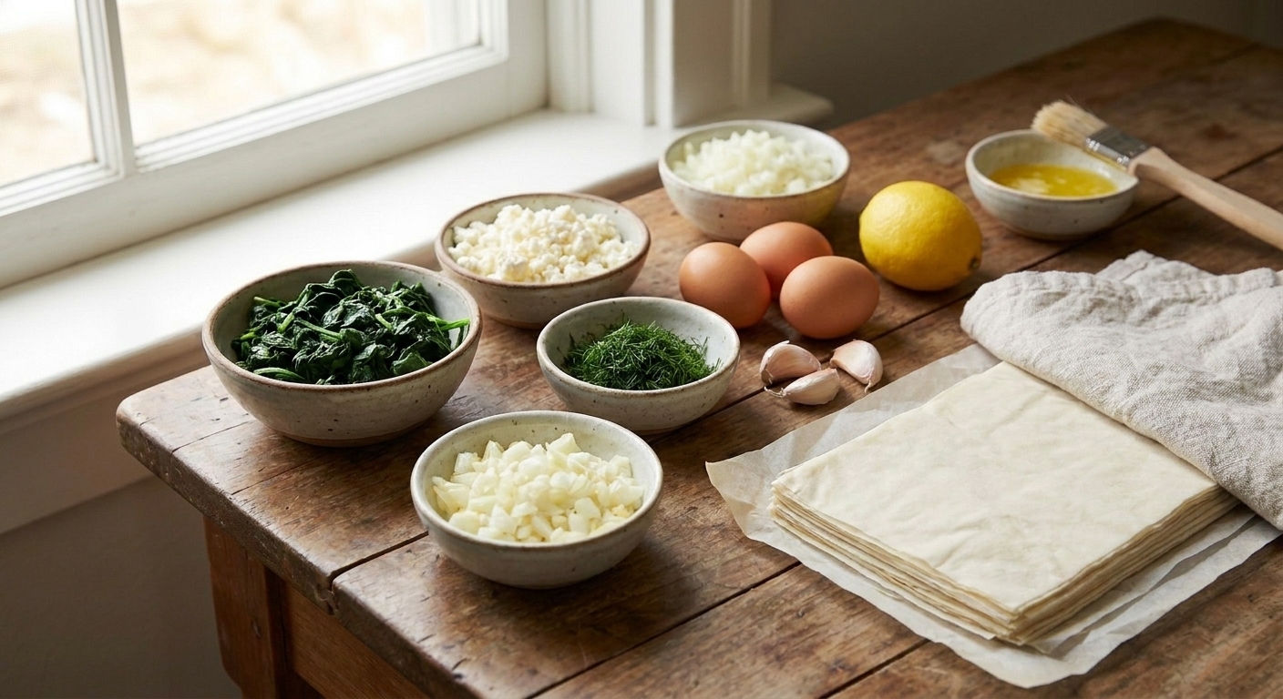 Bowls of thawed spinach, crumbled feta, chopped dill, chopped onion, garlic, eggs, lemon, and a stack of phyllo dough on a kitchen counter