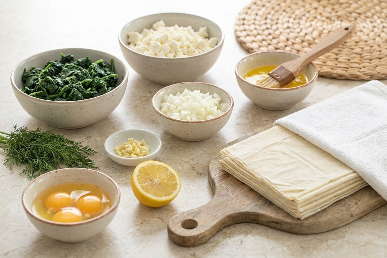 Bowls of thawed spinach, crumbled feta, chopped onion, garlic, eggs, dill, lemon, and a stack of filo dough on a kitchen counter with melted butter nearby