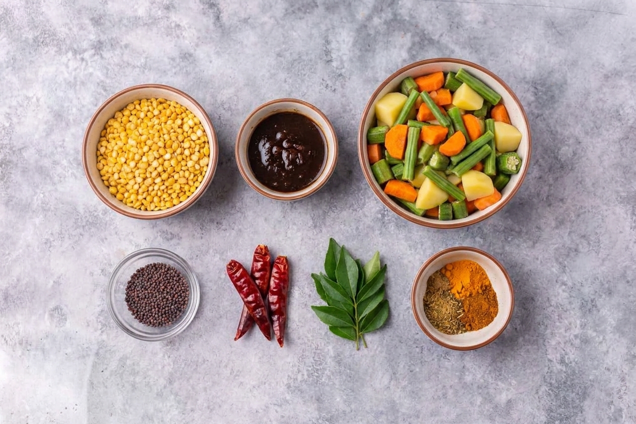 Bowls of toor dal, tamarind paste, chopped mixed vegetables, mustard seeds, dried red chiles, curry leaves, and spices arranged on a bright kitchen counter