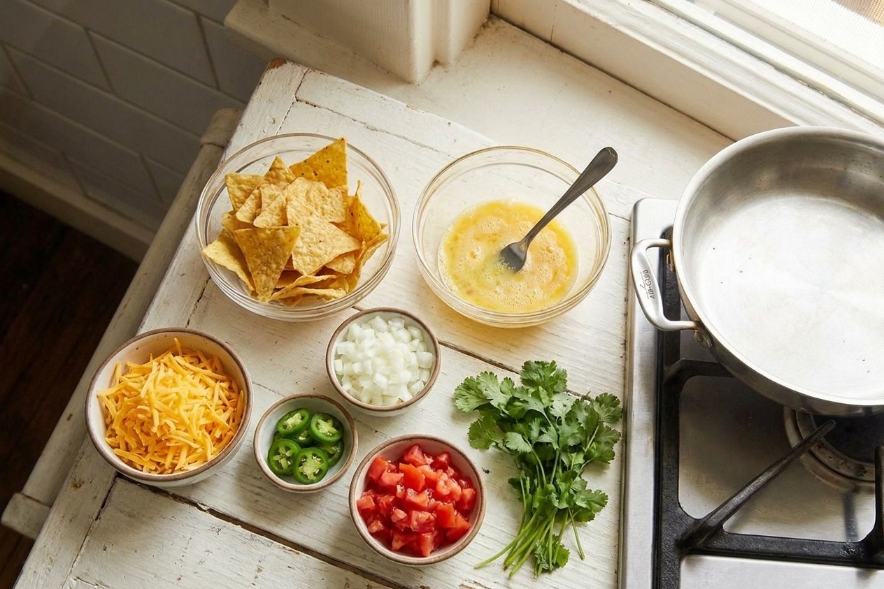 Bowls of tortilla chips, eggs, shredded cheese, diced onion, sliced jalapeño, tomatoes, and cilantro arranged on a bright kitchen counter