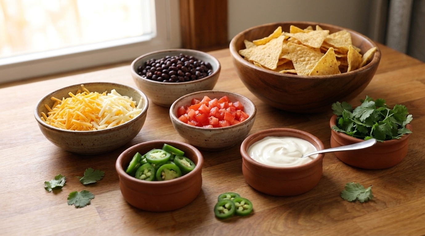 Bowls of tortilla chips, shredded cheddar and Monterey Jack, black beans, diced tomatoes, sliced jalapeños, sour cream, and cilantro laid out on a clean kitchen counter with warm natural light