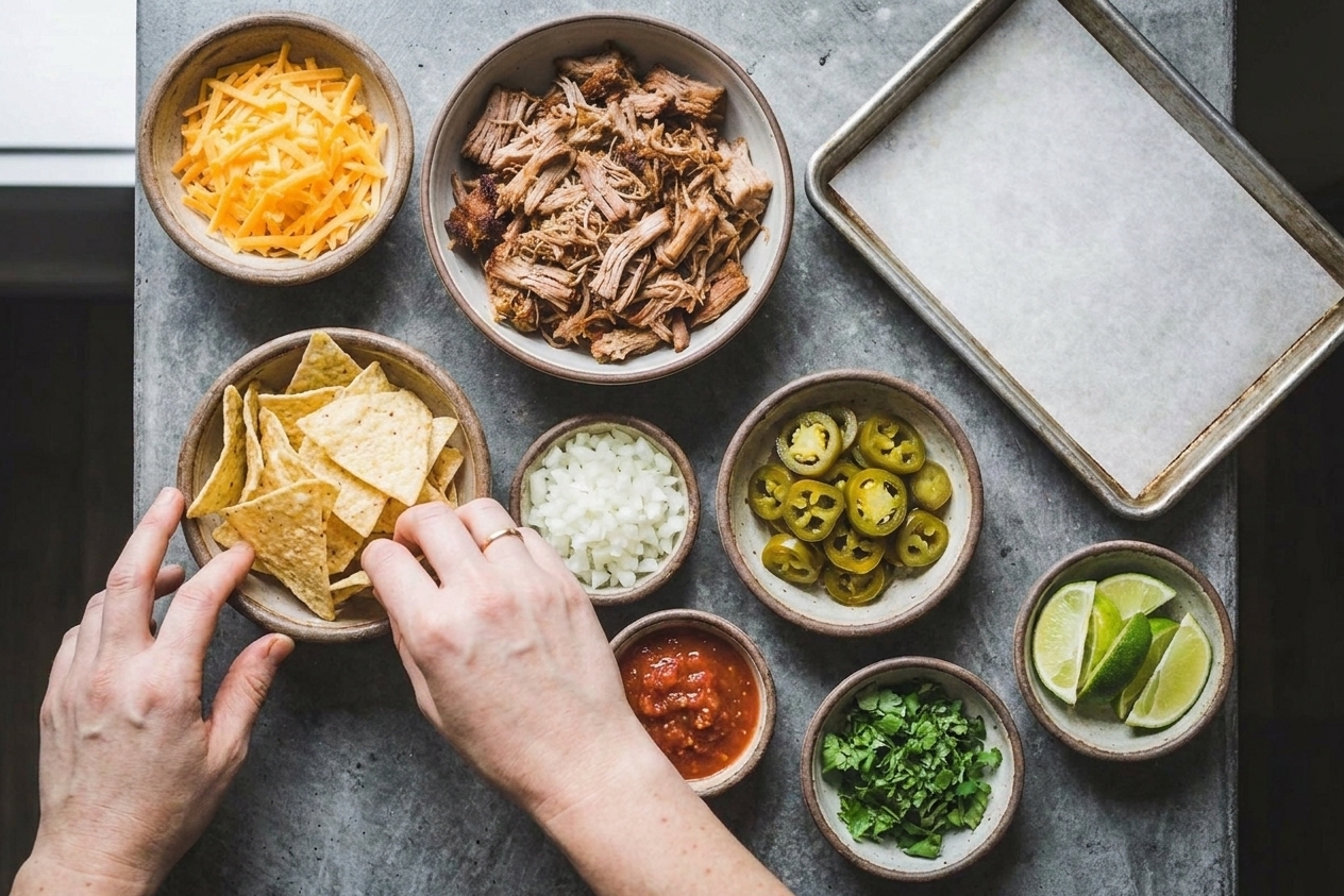 Bowls of tortilla chips, shredded cheese, pulled pork, diced onion, sliced jalapeños, salsa, cilantro, and lime arranged on a clean kitchen counter with a sheet pan nearby