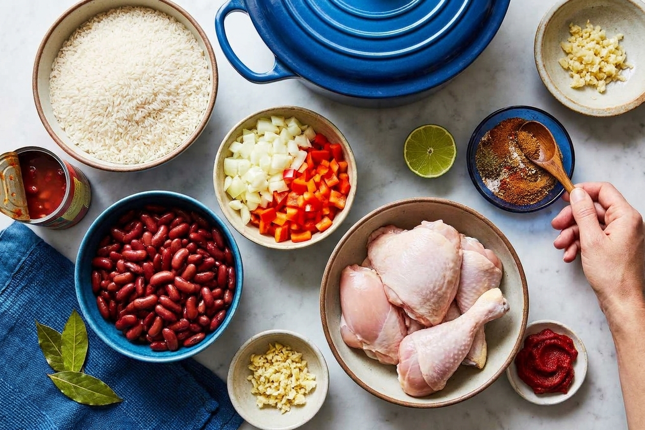 Bowls of uncooked rice, canned red beans, chicken pieces, onion, bell pepper, garlic, tomato paste, lime, and spices arranged on a kitchen counter