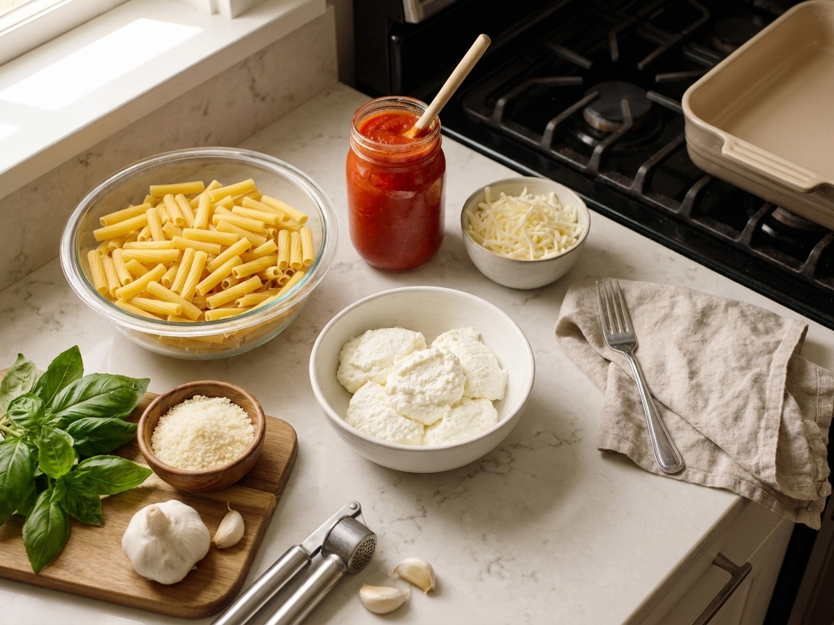 Bowls of uncooked ziti, marinara sauce, ricotta, shredded mozzarella, grated parmesan, garlic, and fresh basil arranged on a kitchen counter in natural light
