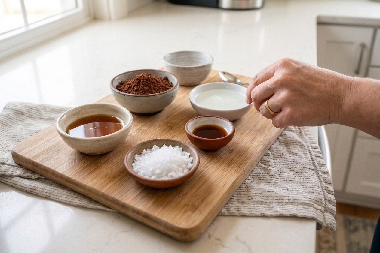 Bowls of unsweetened cocoa powder, melted coconut oil, maple syrup, vanilla, and flaky salt arranged on a wooden cutting board