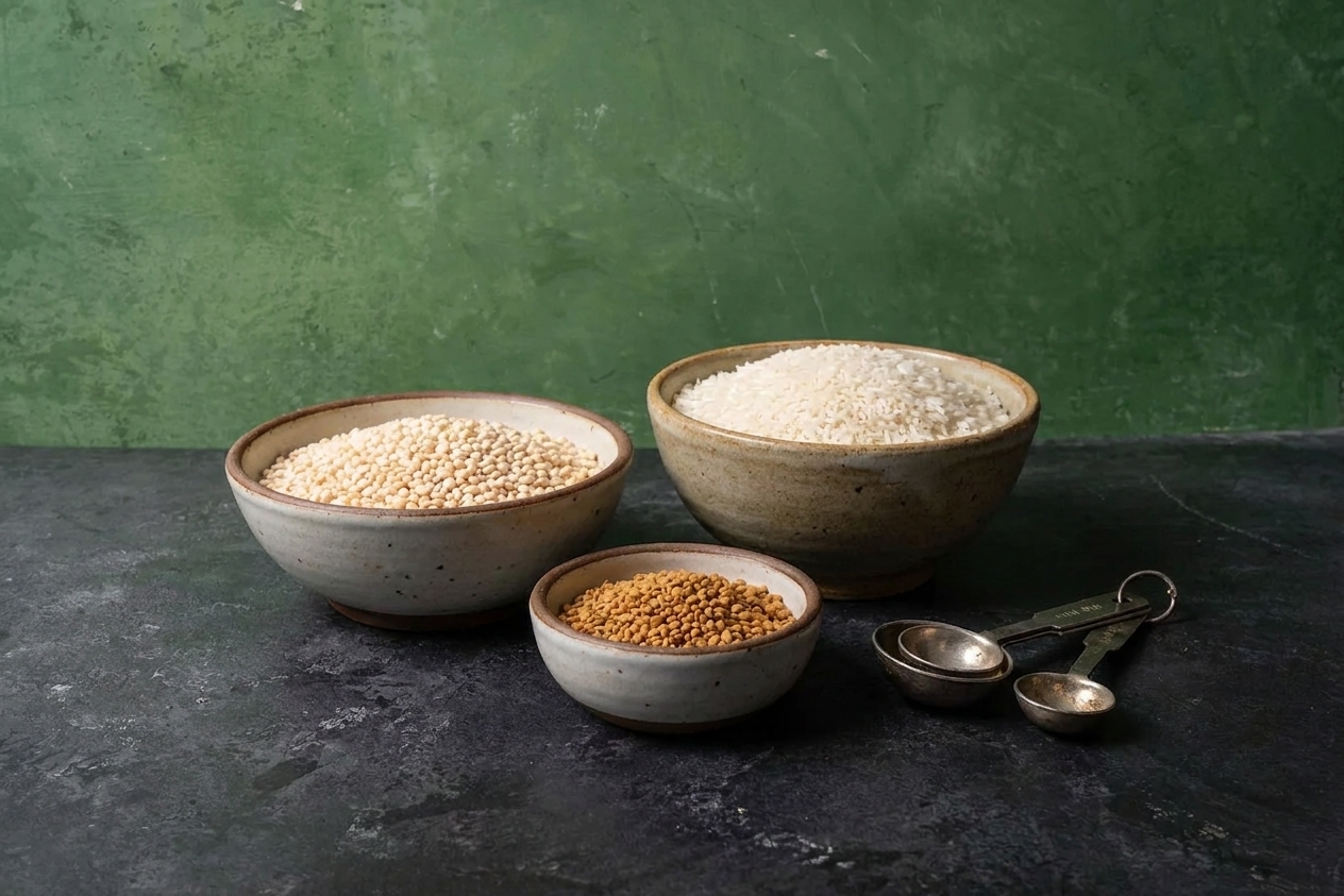 Bowls of urad dal, rice, and fenugreek seeds arranged on a clean kitchen counter with measuring spoons