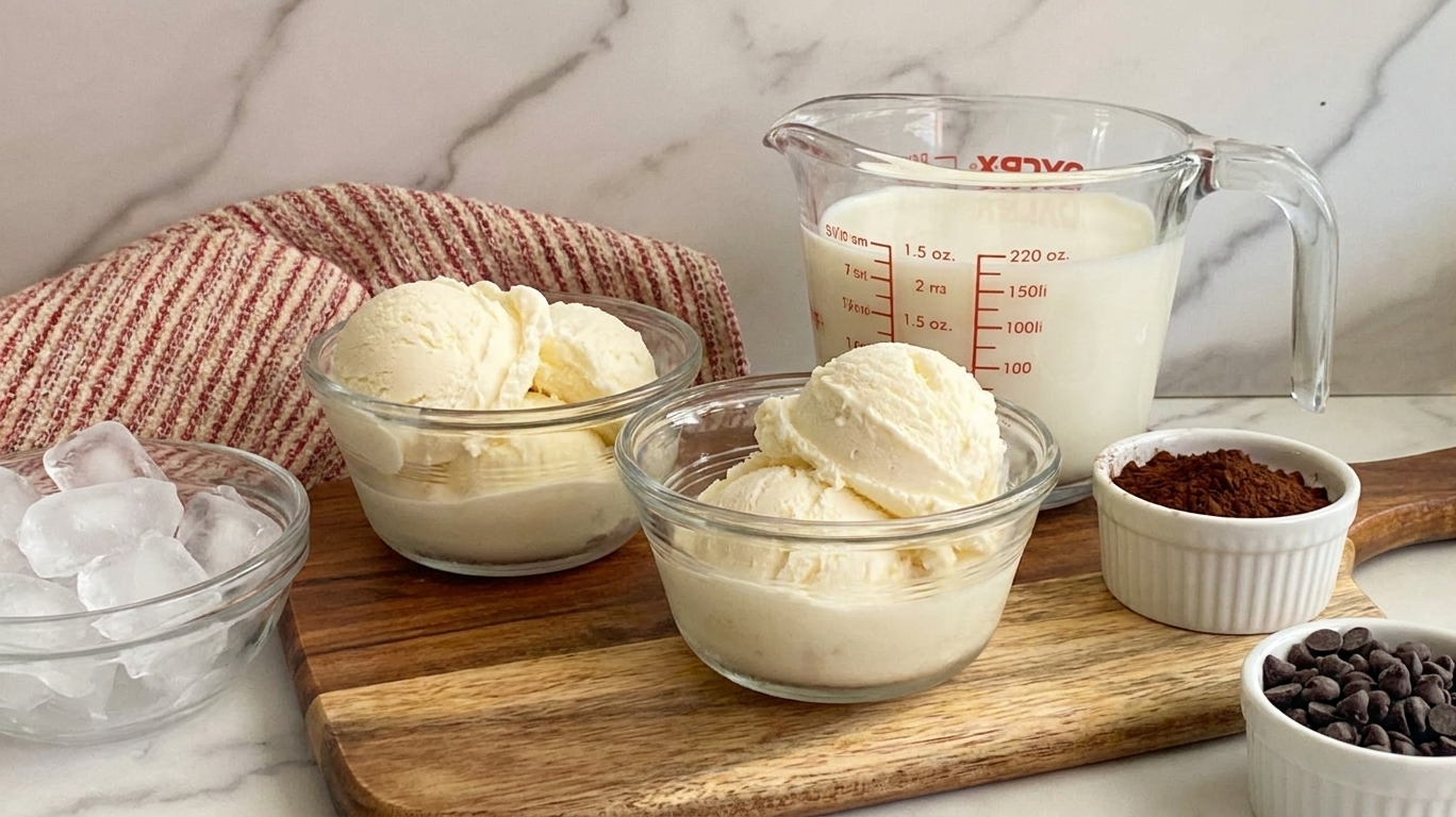 Bowls of vanilla ice cream, a measuring cup of milk, a bowl of ice cubes, and small dishes of cocoa powder and chocolate chips arranged on a clean kitchen counter