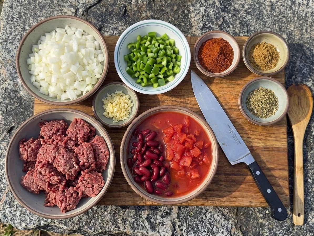 Bowls of venison, beans, diced tomatoes, onions, garlic, and spices arranged on a kitchen counter with a cutting board and chef's knife