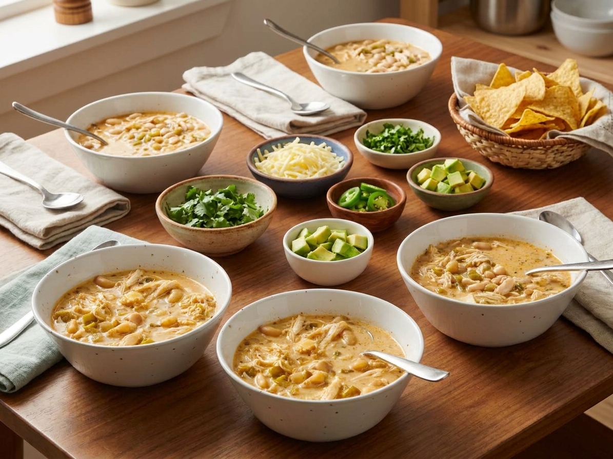 Bowls of white chicken chili on a dinner table with small dishes of toppings like shredded cheese, cilantro, jalapeños, avocado, and tortilla chips