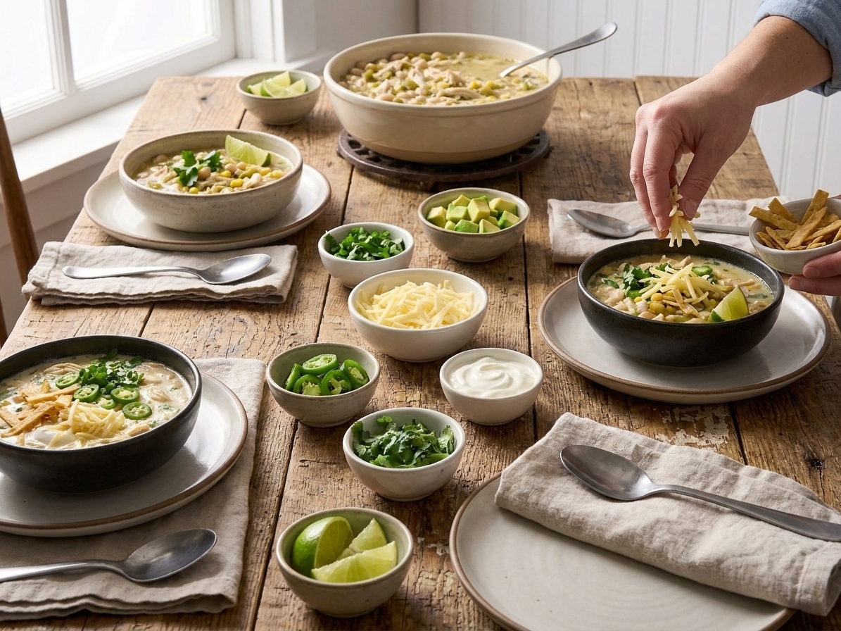 Bowls of white chicken chili on a dinner table with small dishes of toppings like shredded cheese, jalapenos, cilantro, avocado, and tortilla strips