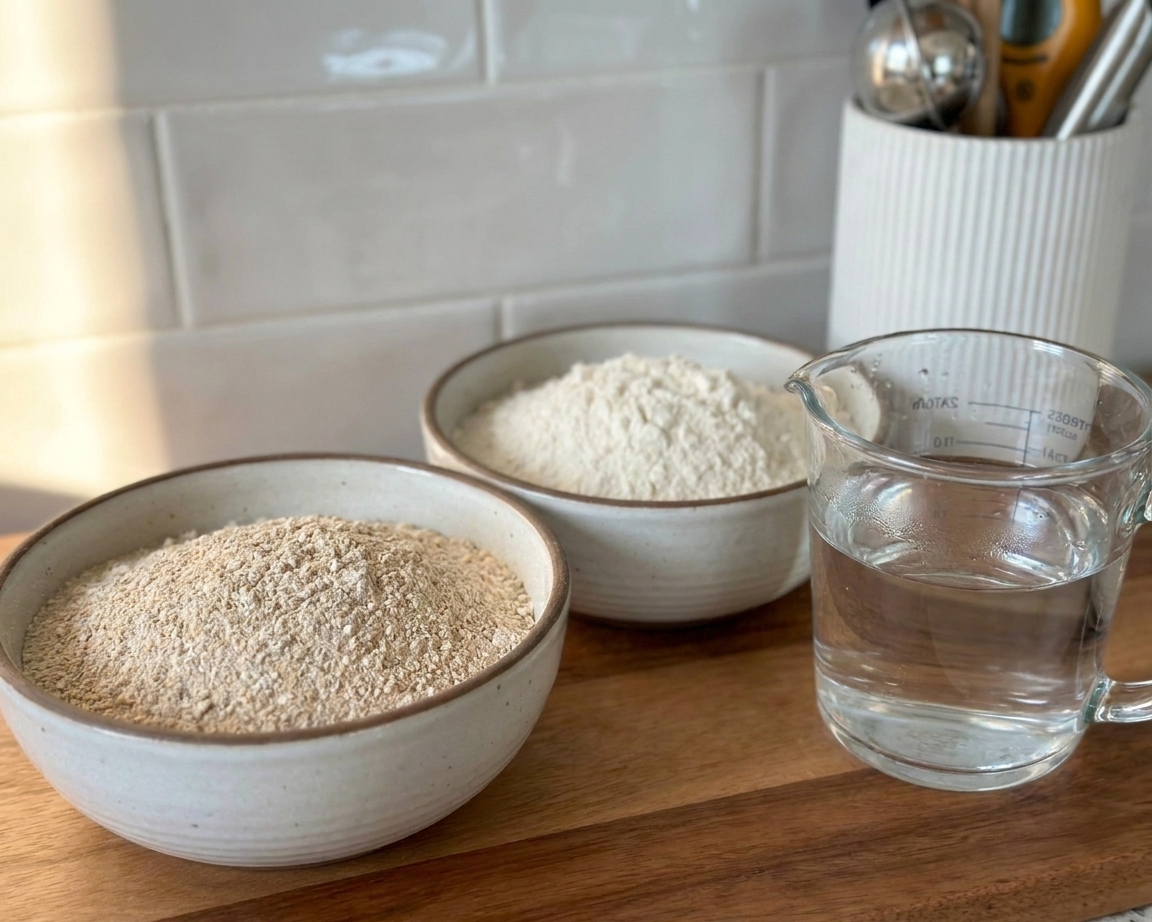 Bowls of whole wheat flour and bread flour next to a small pitcher of water on a clean kitchen counter