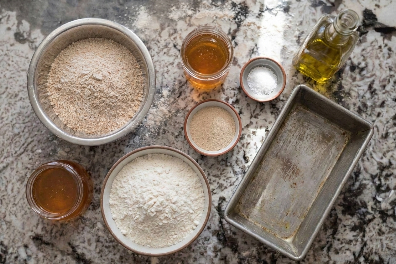 Bowls of whole wheat flour, bread flour, honey, yeast, salt, and olive oil arranged on a tidy kitchen counter with a loaf pan nearby
