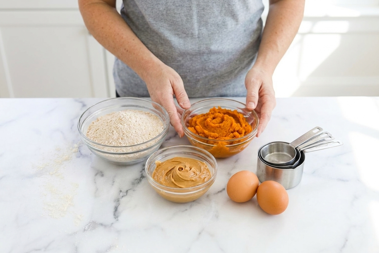 Bowls of whole wheat flour, pumpkin puree, peanut butter, and two eggs arranged on a light stone kitchen counter with measuring cups