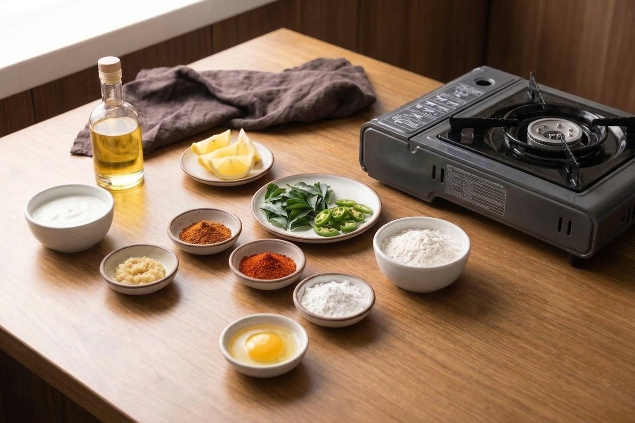 Bowls of yogurt, ginger garlic paste, red chili powder, cornstarch, flour, eggs, curry leaves, green chiles, and lemon arranged on a kitchen counter ready for cooking
