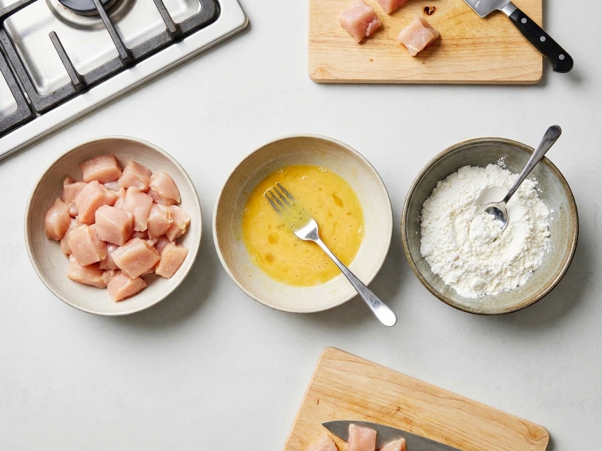 Bowls on a kitchen counter with cut chicken pieces, a beaten egg mixture, and a cornstarch-flour coating ready for dredging