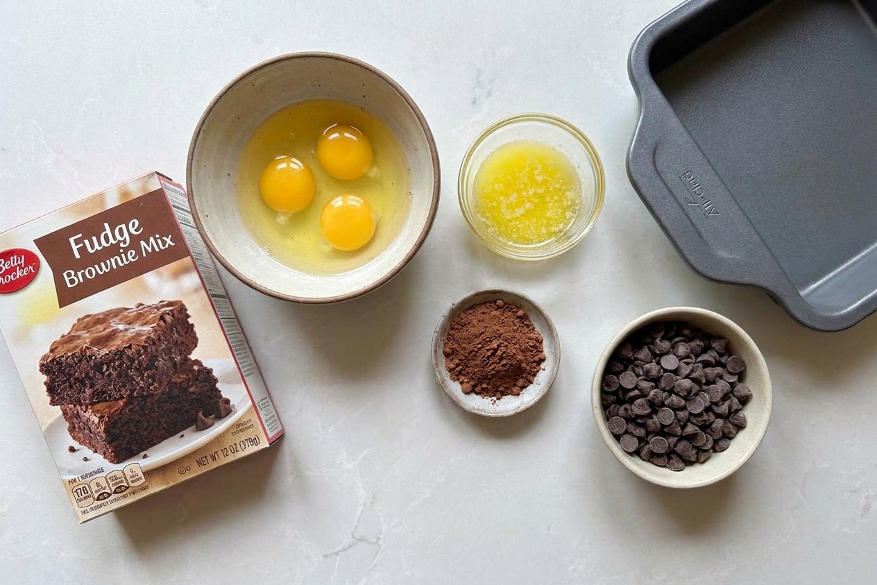 Boxed brownie mix, eggs, melted butter, cocoa powder, and chocolate chips arranged on a bright kitchen counter