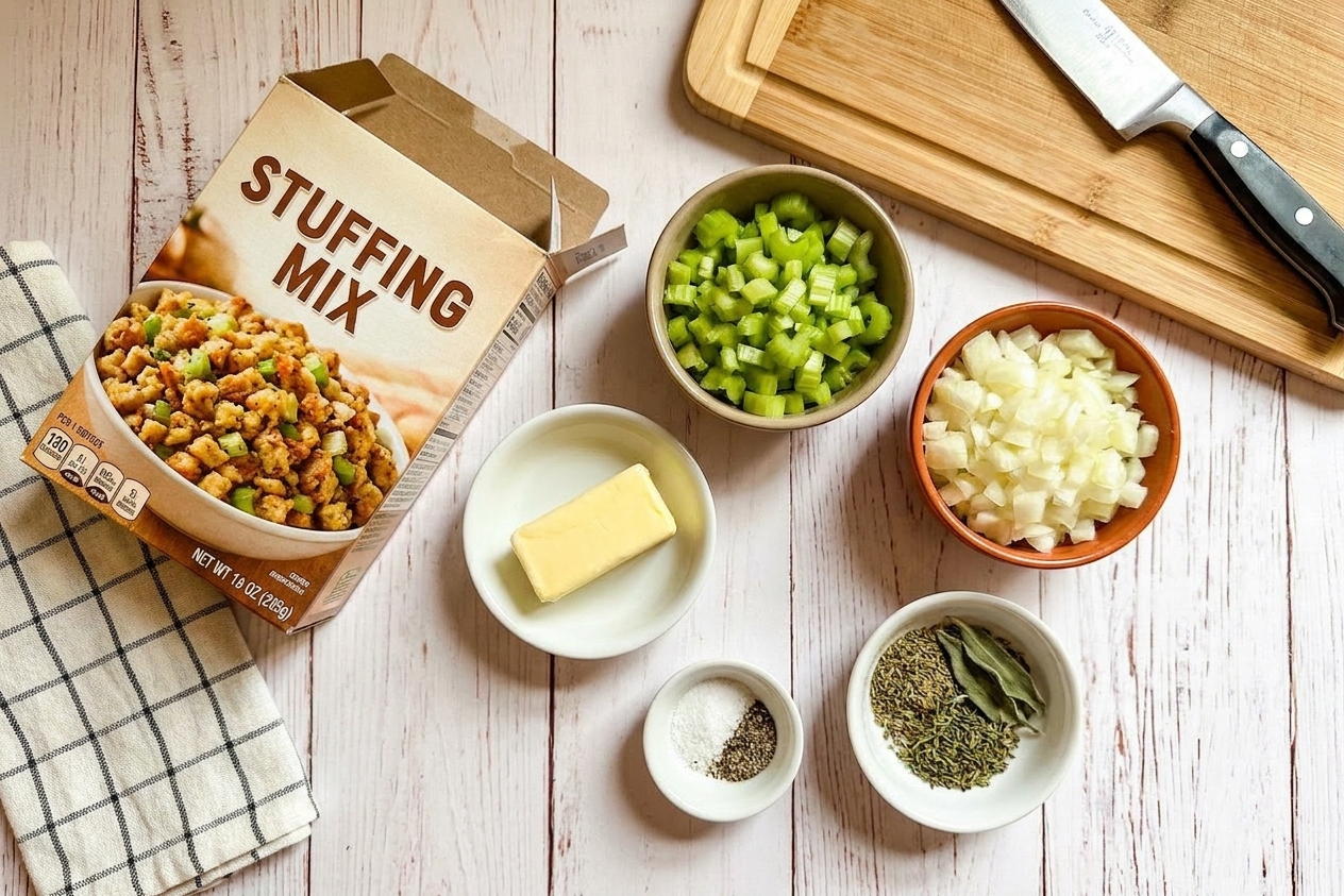 Boxed stuffing mix, chopped celery, diced onion, butter, and seasonings arranged on a tidy kitchen counter in warm natural light