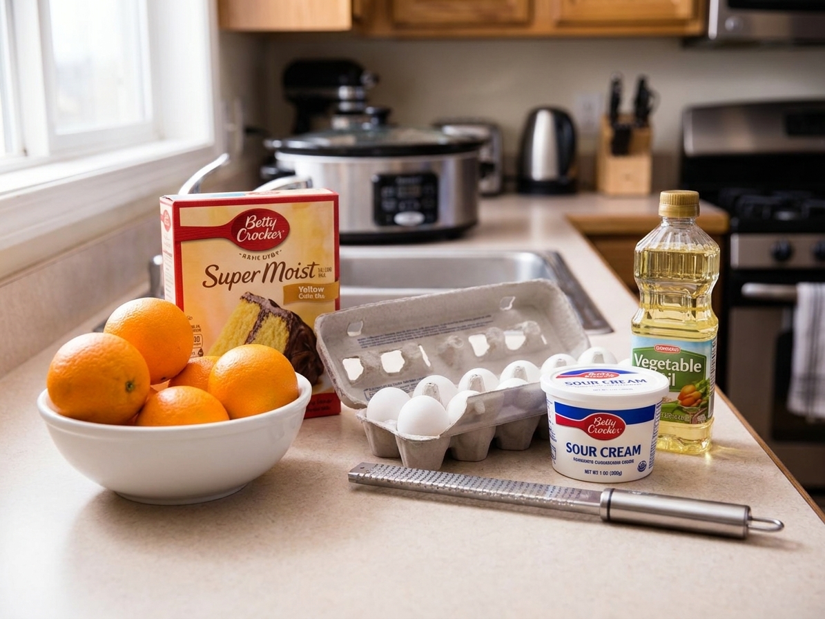 Boxed yellow cake mix, oranges, eggs, sour cream, oil, and a microplane arranged on a bright kitchen counter