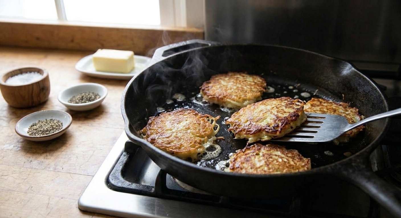 Boxty potato pancakes frying in a skillet as the edges turn golden and crisp