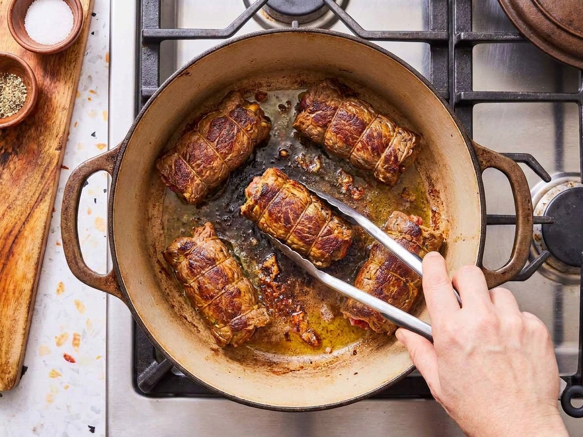 Braciole rolls browning in a Dutch oven in olive oil, developing a deep golden crust