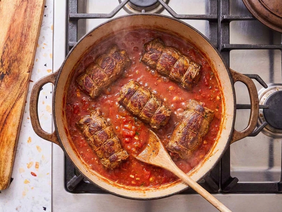 Braciole rolls gently simmering in a pot of tomato sauce on the stovetop