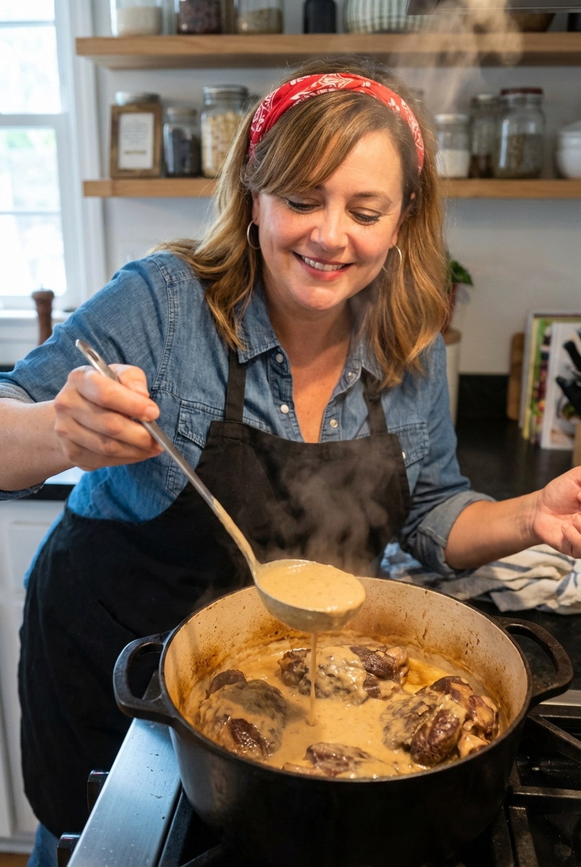 Braised beef shanks in a Dutch oven with creamy sauce being spooned over the meat