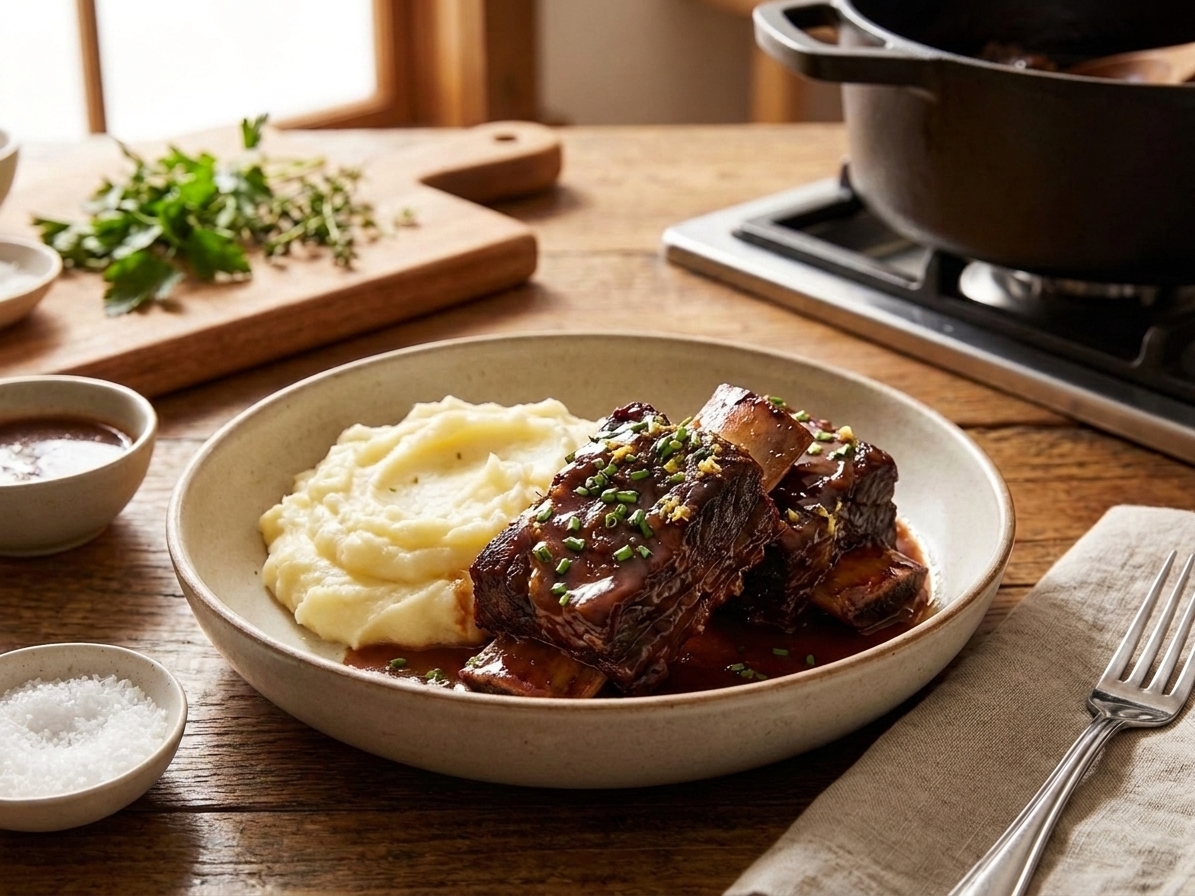 Braised beef short ribs served over creamy mashed potatoes with red wine gravy on a white plate
