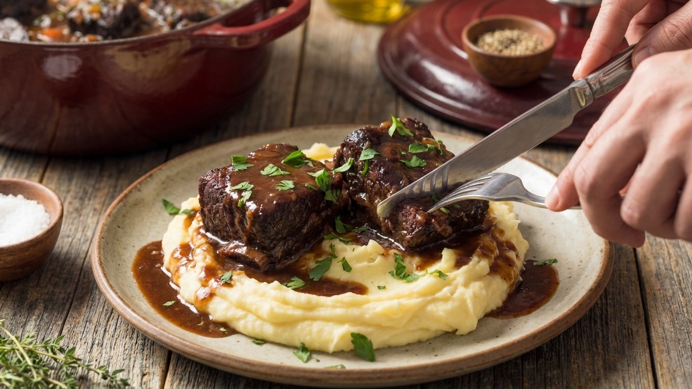 Braised boneless beef short ribs plated over creamy mashed potatoes with red wine gravy and chopped parsley