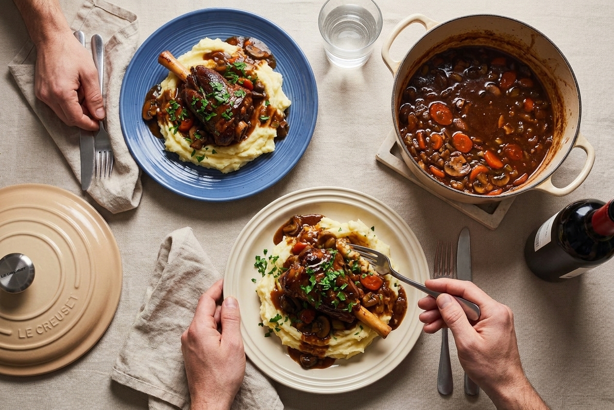Braised lamb shanks plated over mashed potatoes with rich sauce and scattered parsley on a simple dinner table setting