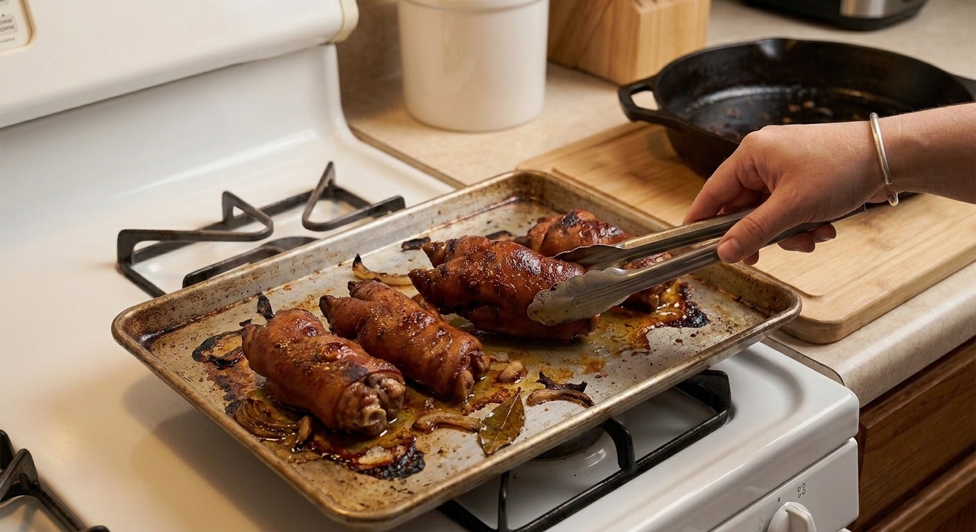 Braised pig feet on a sheet pan with browned, crisp edges just after broiling, sitting on a stovetop