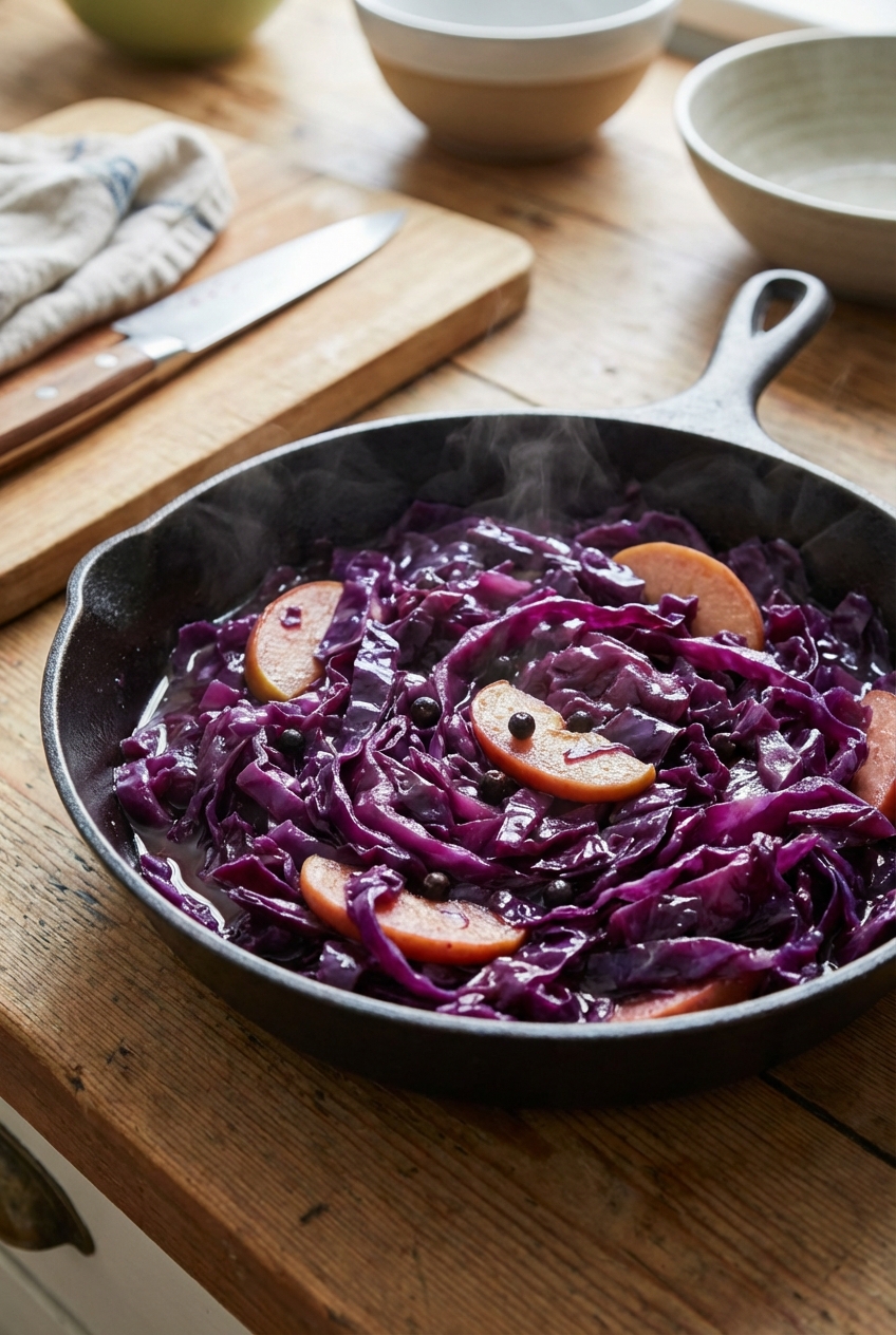 Braised red cabbage in a skillet with a glossy deep purple color