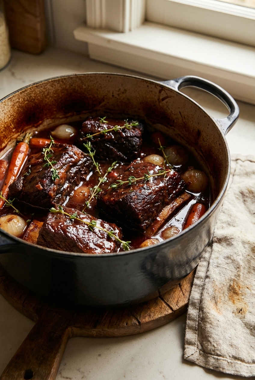 Braised short ribs resting in sauce in a Dutch oven with thyme sprigs